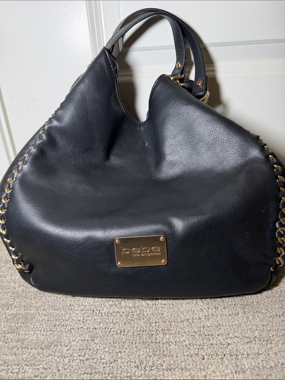 bebe Black Leather Hobo with Gold Chain Trim